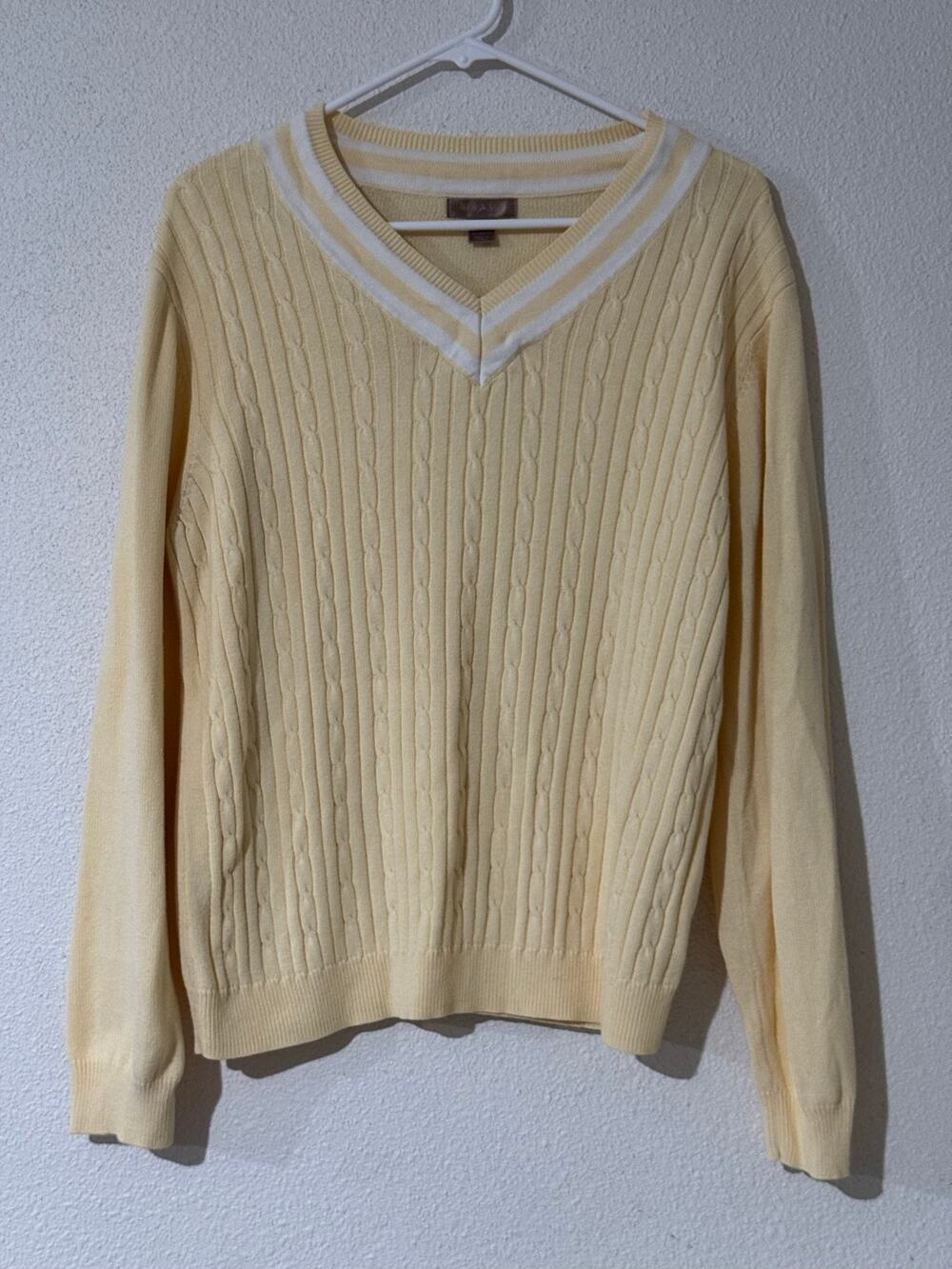 Vintage White Stag Yellow Veil Cable Knit V-Neck Sweater Varsity Preppy Chic XL